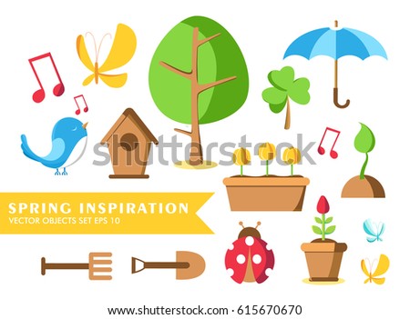 Garden tools set collection with words spring inspiration and ladybird, pot, ground, watering can, bird house and many other objects vector illustration