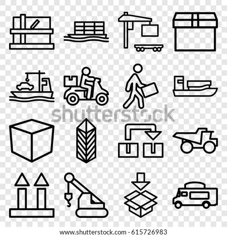 Shipping icons set. set of 16 shipping outline icons such as parcel, crane, truck, van, cargo arrow up, cargo, courier, box, delivery bike, ship