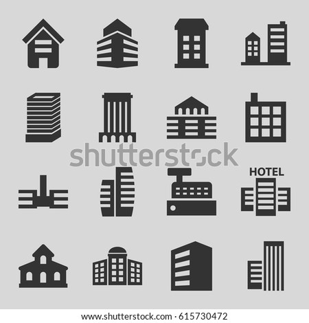 Skyscraper icons set. set of 16 skyscraper filled icons such as building, building   isolated  sign symbol, business center building