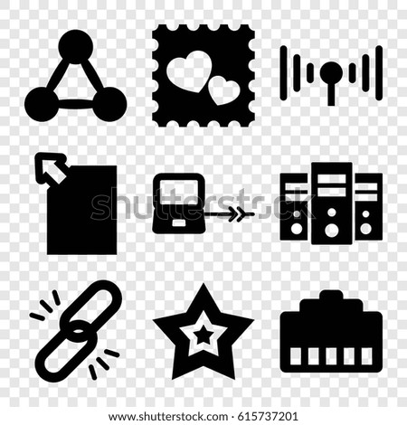 Network icons set. set of 9 network filled icons such as laptop connection, photo with heart, star, signal, chain, server, network connection, phone cable