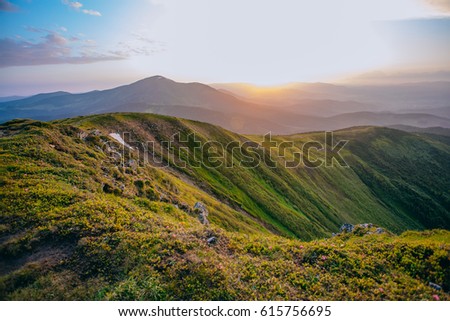 Mountain valley during sunrise / sunset. Natural summer landscape.
Colorful summer landscape in the Carpathian mountains. Royalty-Free Stock Photo #615756695
