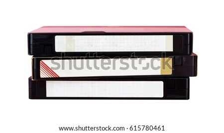 VHS Video Tape VCR with blank label isolated on white for movies and video mock up. Three Vintage VHS tape for retro media object. Royalty-Free Stock Photo #615780461