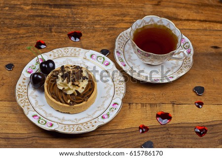 chocolate mousse tarts, basket cakes, sweet, tea, crockery, decorated with glass hearts