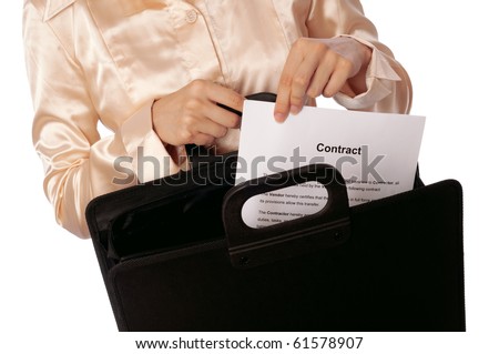 Black suitcase with blank contracts for new employees