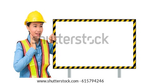 Excited female worker with Protection Equipment, posing behind big white banner, with mouth open and hand on chin. Waist up and copy space, isolated on white background