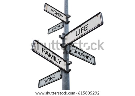 Life balance choices signpost, isolated on white background Royalty-Free Stock Photo #615805292