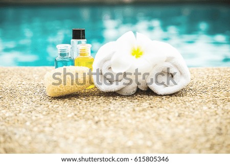Spa concept background, spa set with space on swimming pool