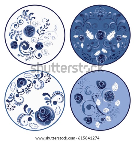 Round decorative folk floral ornaments set of blue color.
