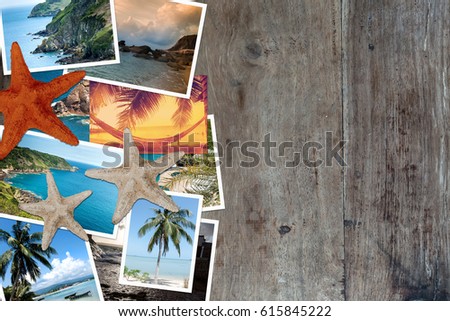 Vacation photos scattered on a wooden table. Top view and Flat lie.