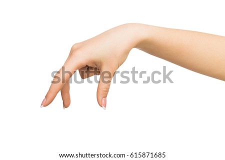 Close-up of female hand making gesture while picking up some items on white isolated background, cutout, copy space Royalty-Free Stock Photo #615871685