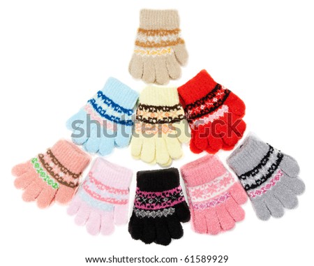 Baby colour knitted gloves on white background