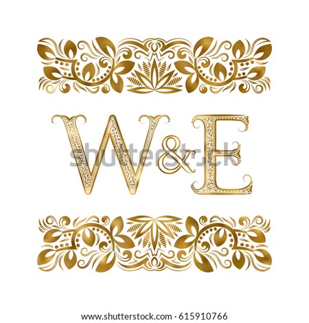 W and E vintage initials logo symbol. The letters are surrounded by ornamental elements. Wedding or business partners monogram in royal style.