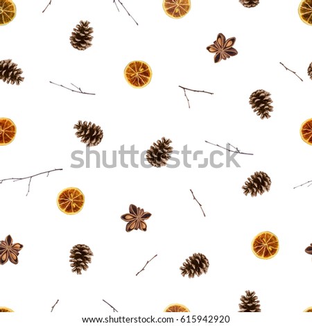 seamless pattern of pine cones, slices of lemon, sprigs of anise stars isolated on white background.