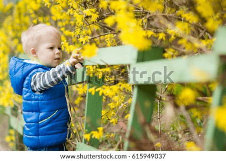 Little two years old boy standing next to wooden fence with flowers behind of is trying to catch a snail. Children's fascination with nature.