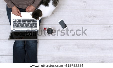 top view of woman using laptop with cat mockup header Royalty-Free Stock Photo #615952256