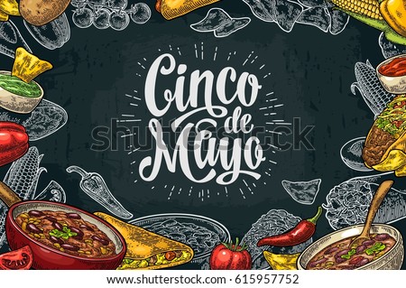 Cinco de Mayo lettering and Mexican traditional food with Guacamole, Quesadilla, Enchilada, Burrito, Tacos, Nachos, Chili con carne, ingredient. Vector vintage engraved illustration on dark background