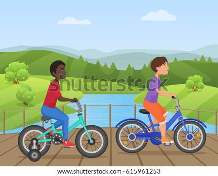 White and african kids riding bikes, Child riding bike, kids on bicycle in the park vector illustration.