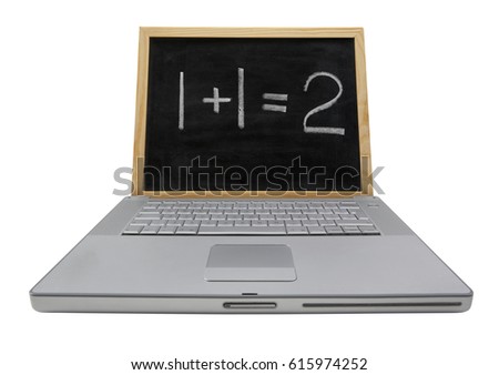 LAPTOP NOTEBOOK PERSONAL COMPUTER WITH BLACKBOARD INSTEAD OF SCREEN SHOWING THE SUM ONE PLUS ONE EQUALS TWO WRITTEN IN WHITE CHALK