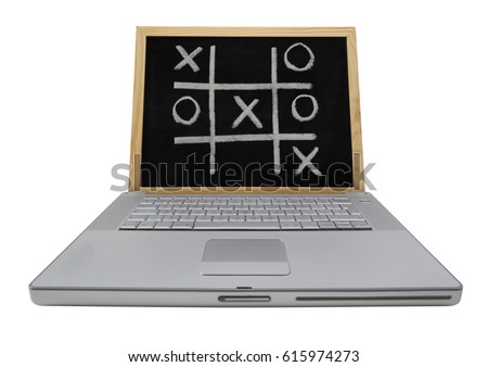 LAPTOP NOTEBOOK PERSONAL COMPUTER WITH BLACKBOARD INSTEAD OF SCREEN WITH GAME OF NOUGHTS AND CROSSES DRAWN WITH CHALK