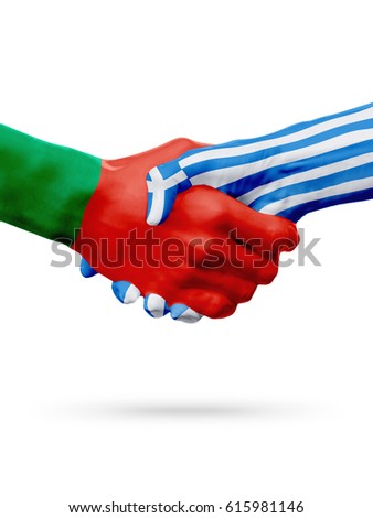 Flags Portugal, Greece countries, handshake cooperation, partnership, friendship or sports team competition concept, isolated on white
