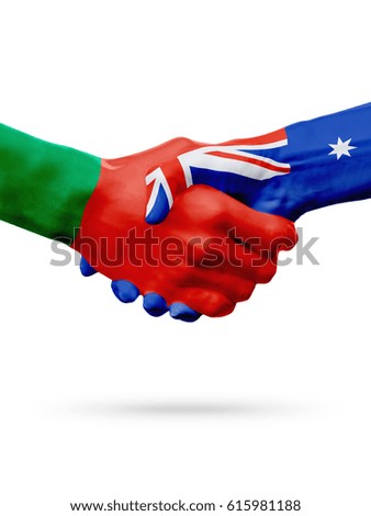 Flags Portugal, Australia countries, handshake cooperation, partnership, friendship or sports team competition concept, isolated on white