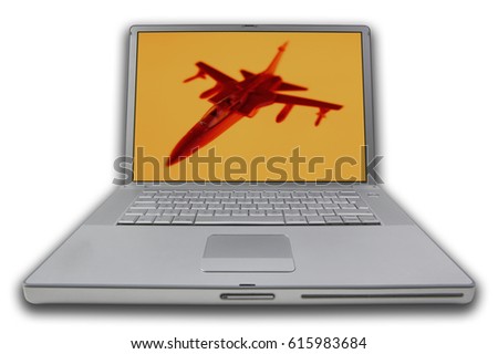 LAP TOP NOTE BOOK PERSONAL COMPUTER WITH SCREEN DISPLAYING PICTURE OF MODEL JET AIRCRAFT