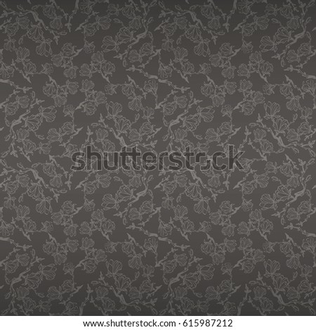Deep gray ornamental seamless pattern in magnolia flowers style. Colorful, symmetric design for wallpaper, web, page fill or other purpose. Vector background. Smooth tessellated repeatable backdrop.