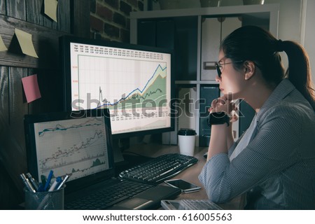 chinese trustworthy analysts focused on her work and thinking about stock dynamics. Portrait of a female sitting watching her computer in a office.