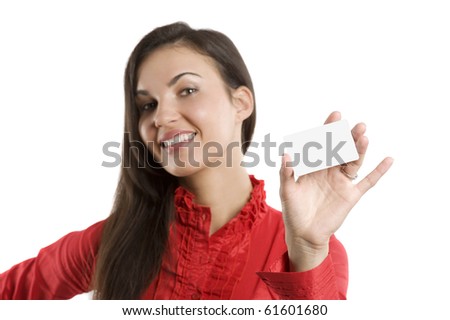 very cute happy woman in red shirt with business card over white