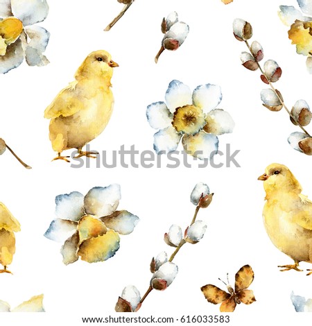 Spring Easter seamless pattern with chicken, daffodils, pussy-willow, and butterfly. Watercolor illustration