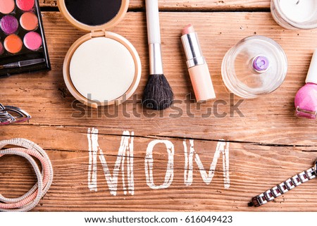 Mothers day composition. Beauty products on table. Studio shot.