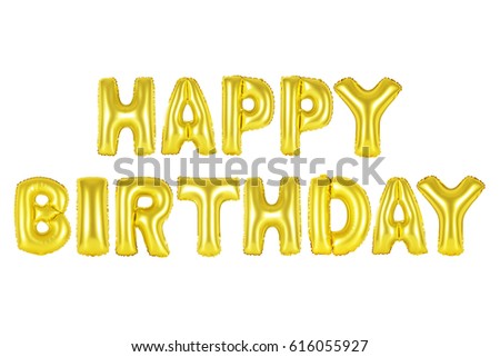 happy birthday in english alphabet from yellow (Golden) balloons on a white background. holidays and education.