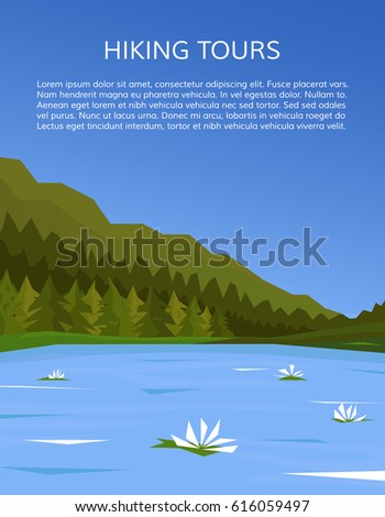 Mountaineering and travelling, hiking adventure concept. Climbing, trekking, outdoor vacation or extreme sports banner. Lake and pine forest. EPS10 vector illustration.