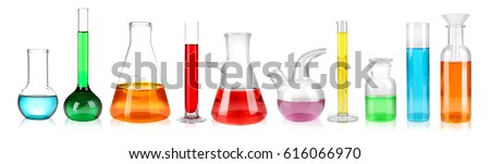 Set of laboratory glassware on white background  Royalty-Free Stock Photo #616066970