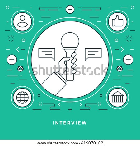 Flat line Vector illustration. Modern thin linear stroke icons. Website Header Graphics, Banner, Infographics Design, Promotional Materials. Interview, Hand holding microphone icon.