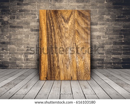 Blank plank wood board at grunge brick wall and plank wood floor,Mock up template for adding your content or design,Business presentation