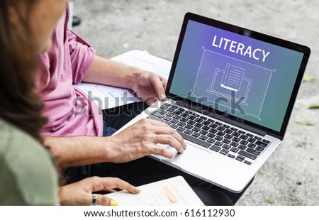 Students using laptop with book icon