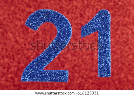 Number twenty-one blue over a red background. Anniversary. Horizontal