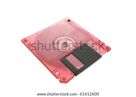 Red floppy disk magnetic computer data storage support isolated over white background