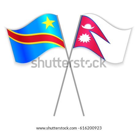 Congolese and Nepalese crossed flags. Democratic Republic of the Congo combined with Nepal isolated on white. Language learning, international business or travel concept.