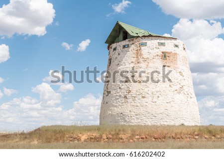 A blockhouse from the Boer War 1899 - 1902, in  Noupoort, a small town in the Northern Cape Province of South Africa Royalty-Free Stock Photo #616202402