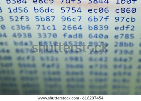 Binary file code close up. Abstract information technology background. Modern technologies screen concept. Macro shot of display with shallow field of depth.