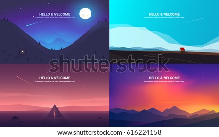 Vector banners set with polygonal landscape illustration - flat design Royalty-Free Stock Photo #616224158