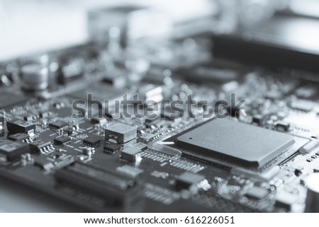 Electronics device computer hardware technology motherboard design, engineering cpu circuit board background, close up maintenance and repair microprocessor microchip equipment system