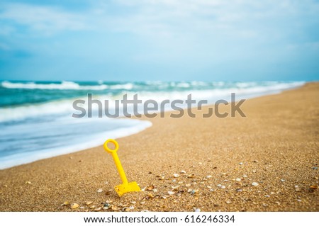 Sea view from tropical beach with sunny sky. Ocean beach relax, outdoor travel. Summer paradise beach of Azov. Royalty-Free Stock Photo #616246334