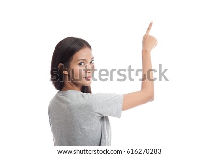 Back of Asian woman touching the screen with her finger isolated on white background.