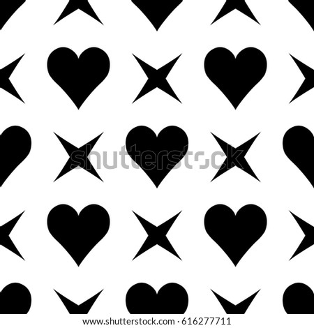 Abstract simple seamless pattern with  hearts and art stars. Symmetry black and white background.Vector illustration. Monochrome lineal classic design. Cute print for textile, wrapping or web