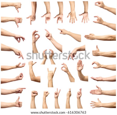 Male hand gesture and sign collection isolated over white background, set of multiple pictures Royalty-Free Stock Photo #616306763