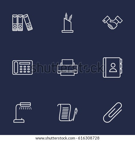 Set Of 9 Work Outline Icons Set.Collection Of Contacts, Reading-Lamp, Document Case And Other Elements.