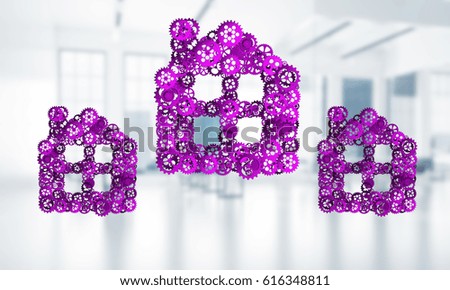 Conceptual background image with house sign made of connected gears. 3D rendering